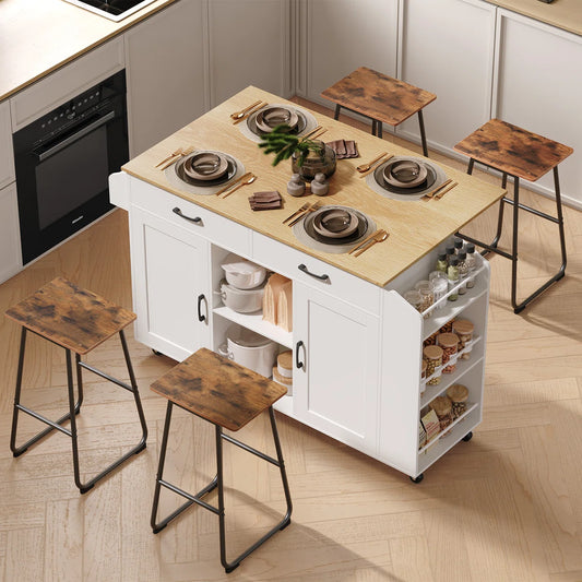 Kitchen Island Table: 52.8'' Foldable Kitchen Cart with Storage, Drawers, and Casters