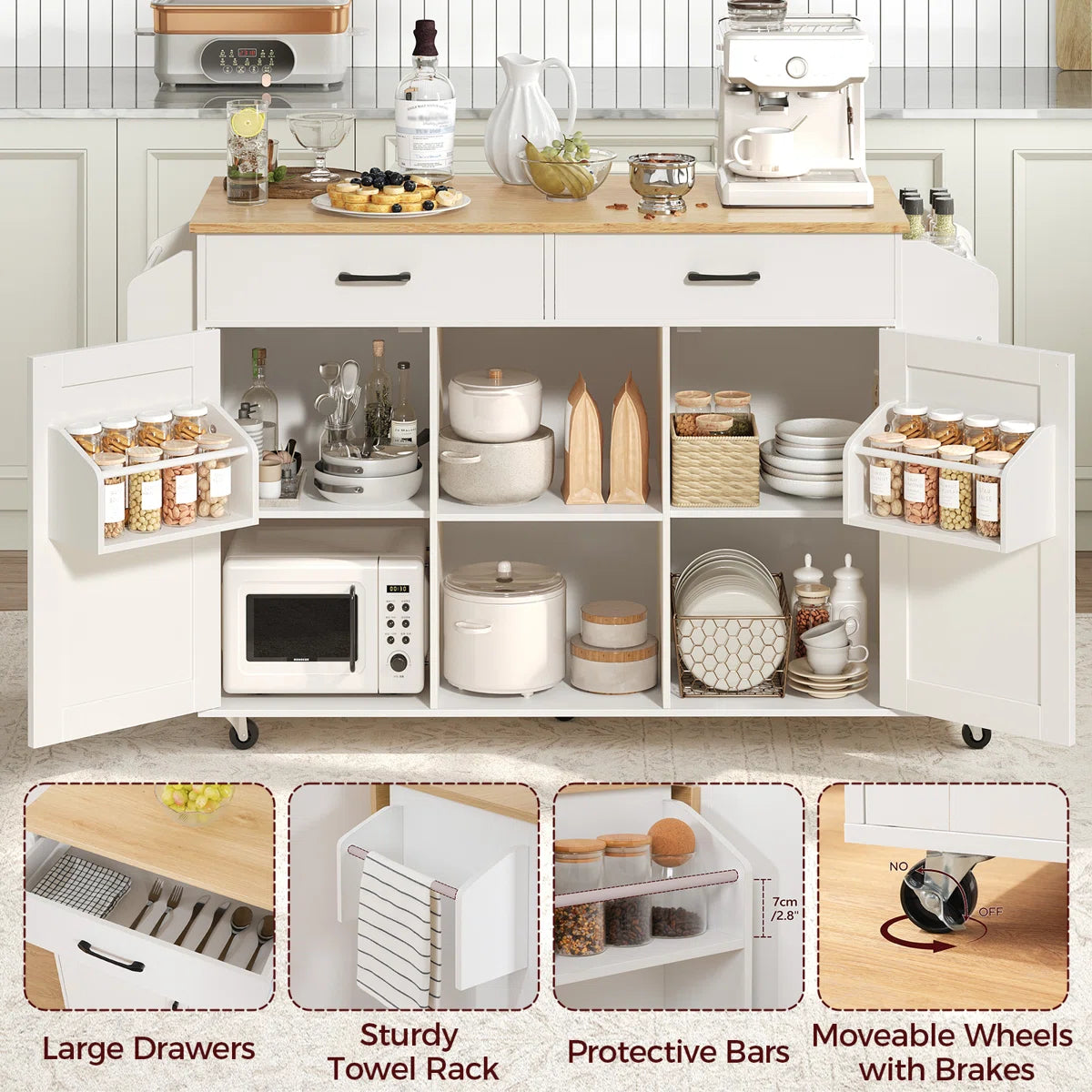 Kitchen Island Table: 52.8'' Foldable Kitchen Cart with Storage, Drawers, and Casters