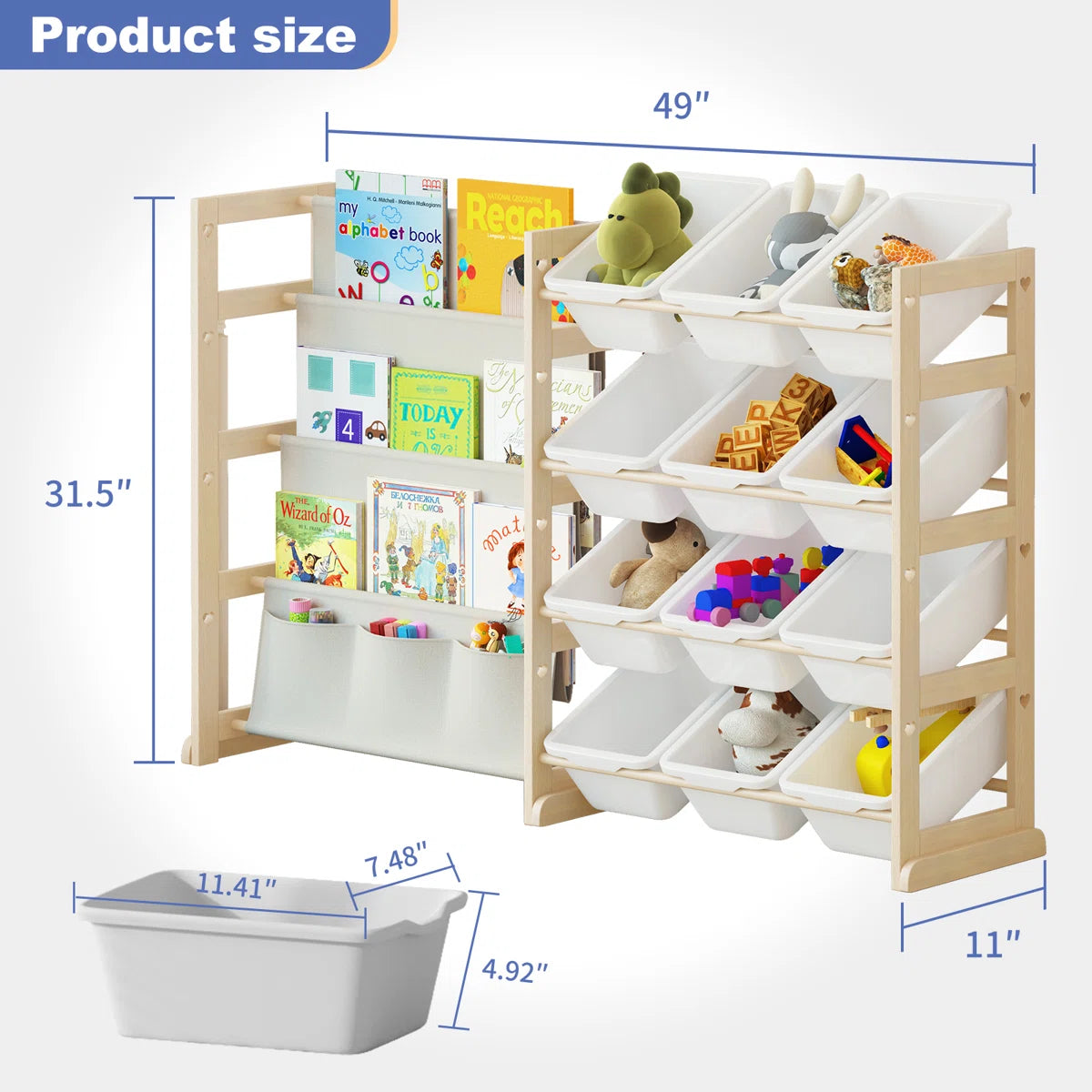 Kids Toy Storage Unit – 2-in-1 Bookshelf & Organiser with 12 Bins and 4-Tier Rack
