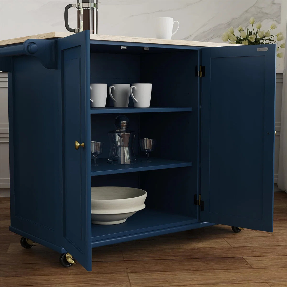 Kitchen Island Table: 53.5" wide Granite Top Kitchen Cart with Locking Wheels and Ample Storage