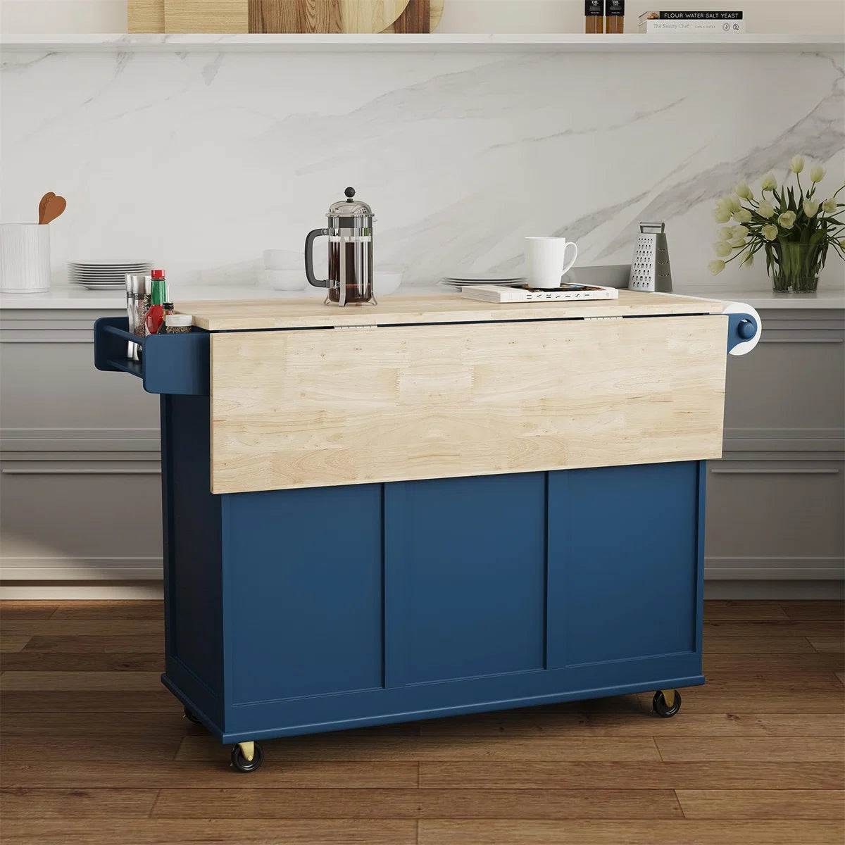 Kitchen Island Table: 53.5" wide Granite Top Kitchen Cart with Locking Wheels and Ample Storage