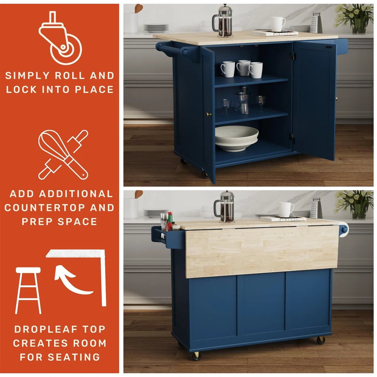 Kitchen Island Table: 53.5" wide Granite Top Kitchen Cart with Locking Wheels and Ample Storage