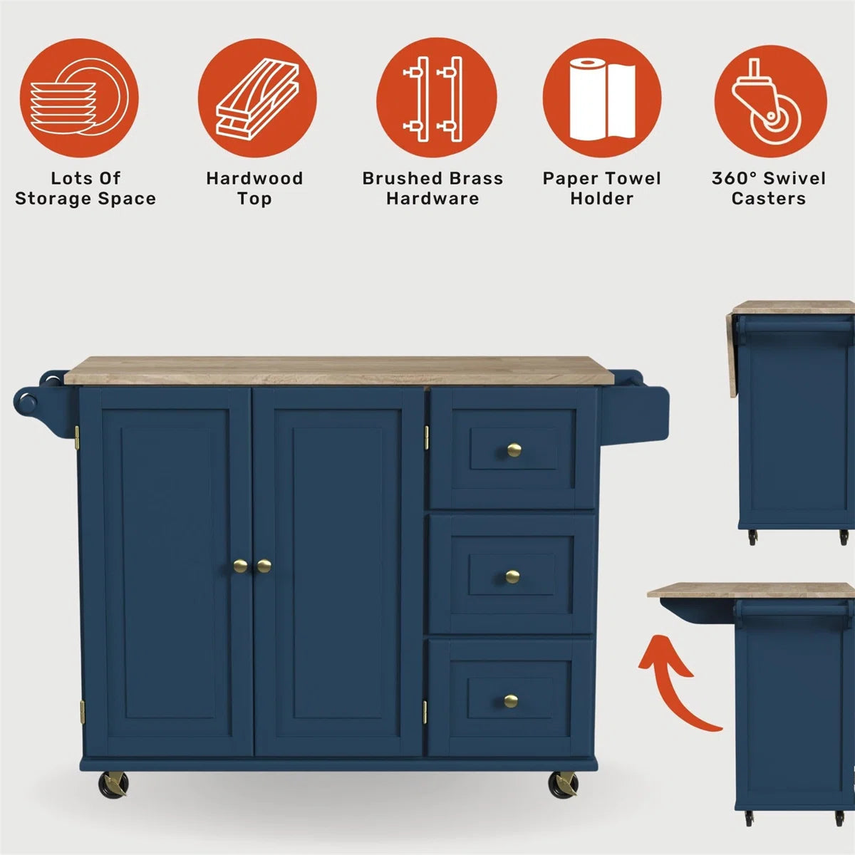 Kitchen Island Table: 53.5" wide Granite Top Kitchen Cart with Locking Wheels and Ample Storage