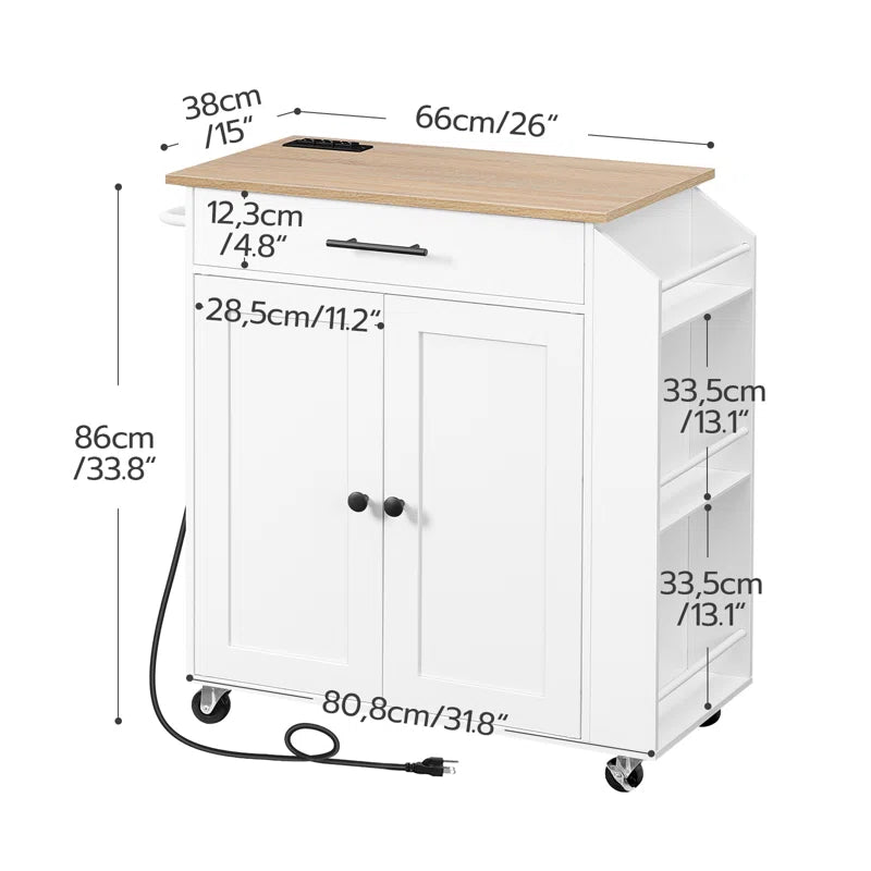 Kitchen Island Table: 26'' Wide Classic Multi-Storage Cart with Charging Station