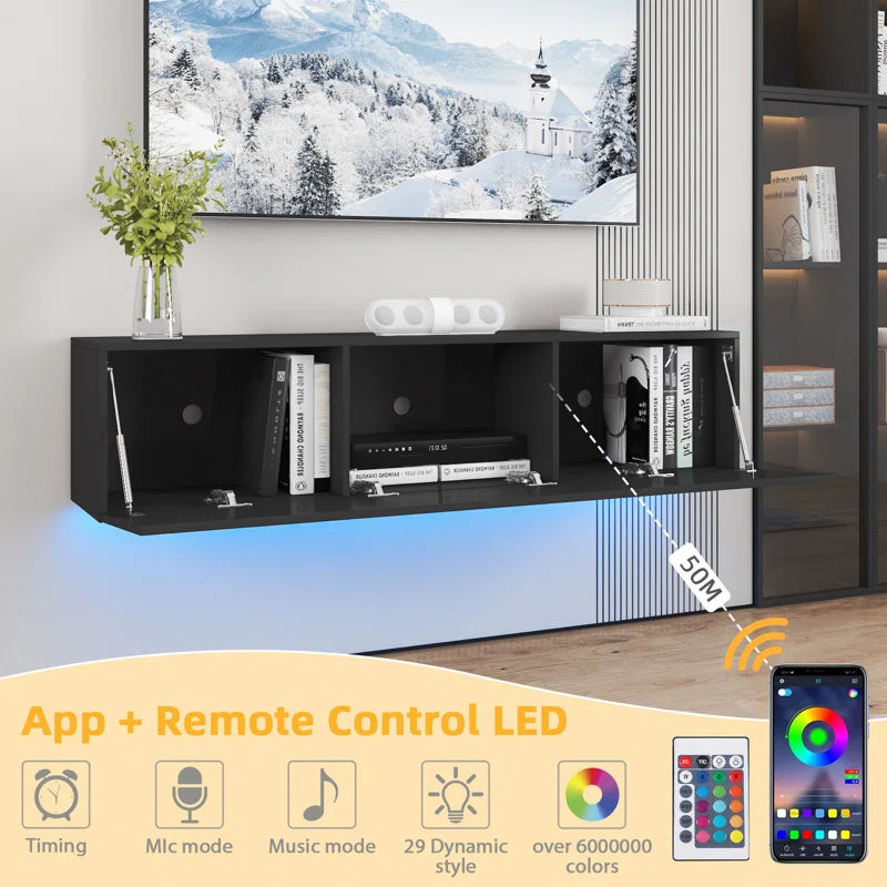 tv panel: 63" Floating TV Console with LED Lighting and Hidden Media Storage