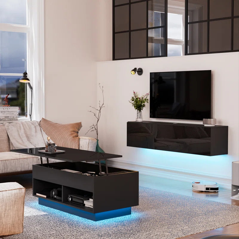 tv panel: 63" Floating TV Console with LED Lighting and Hidden Media Storage