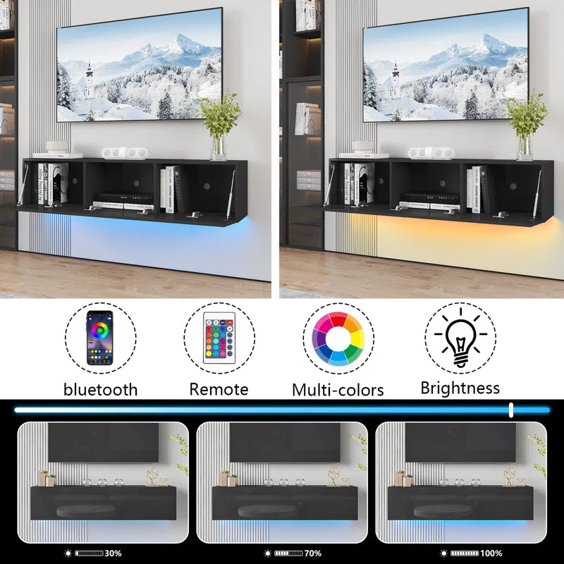 tv panel: 63" Floating TV Console with LED Lighting and Hidden Media Storage
