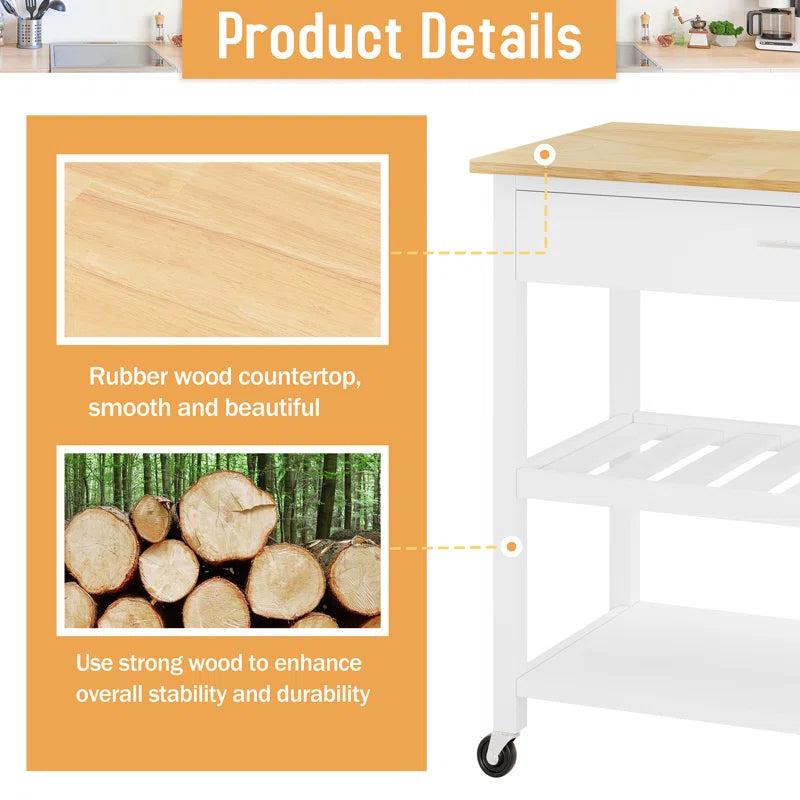 Kitchen Island Table: Compact Wooden Rolling Cart with Drawers, Racks & Wheels