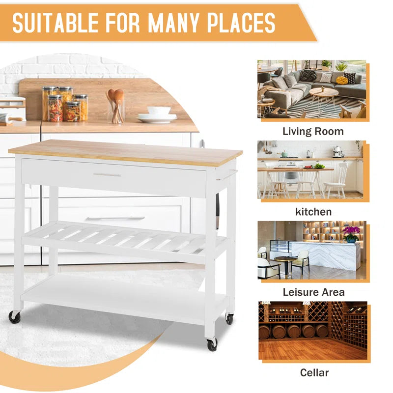 Kitchen Island Table: Compact Wooden Rolling Cart with Drawers, Racks & Wheels