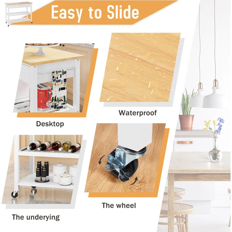 Kitchen Island Table: Compact Wooden Rolling Cart with Drawers, Racks & Wheels