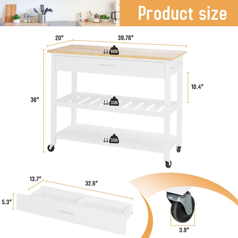 Kitchen Island Table: Compact Wooden Rolling Cart with Drawers, Racks & Wheels