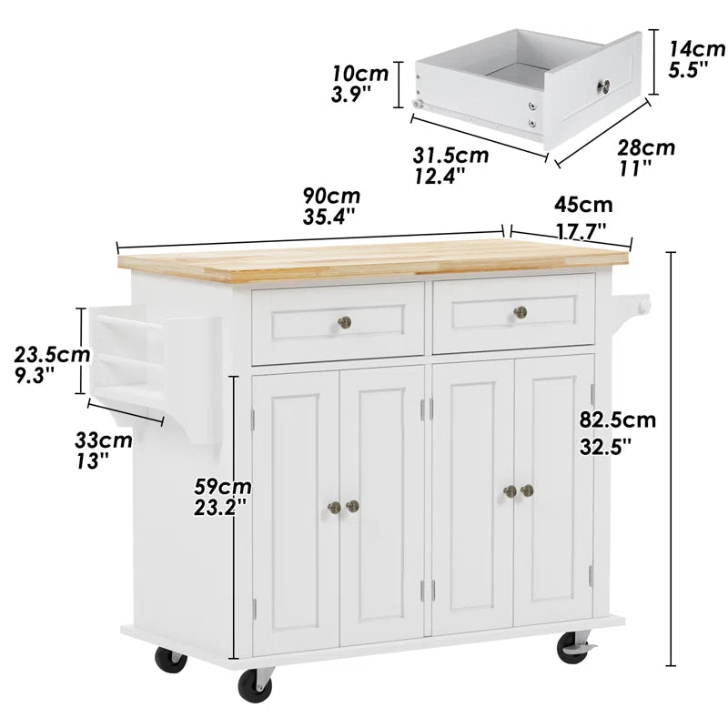 Kitchen Island Table: 35.4’’ wide White Kitchen Cart with Solid Wood Top & Storage Cabinets