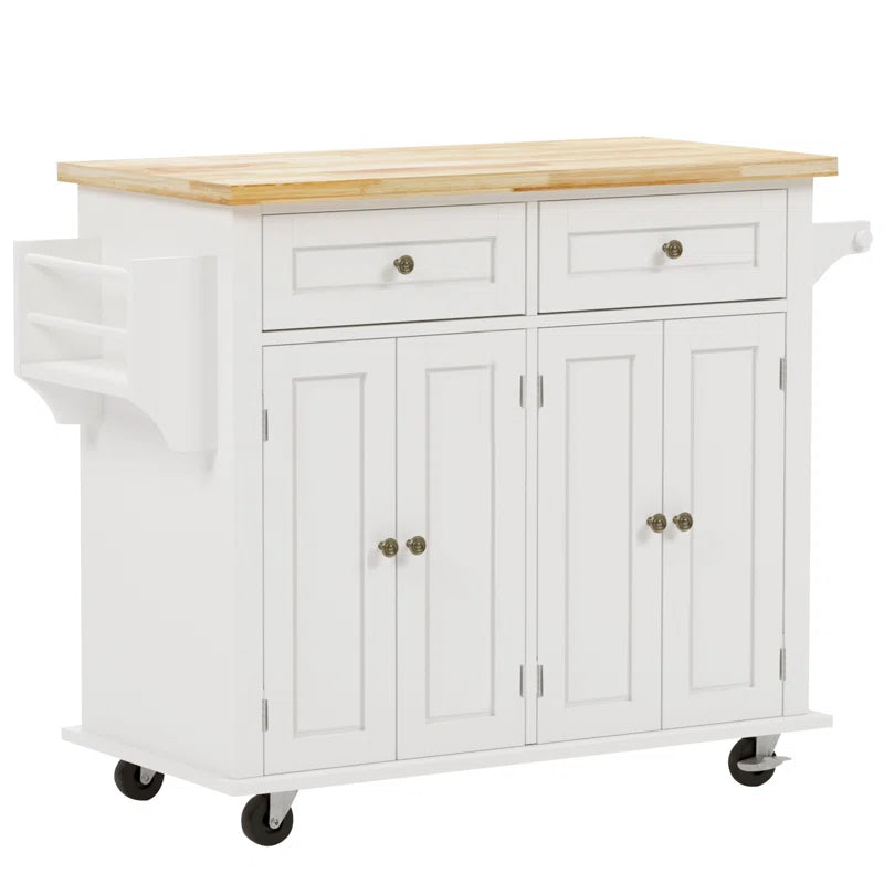 Kitchen Island Table: 35.4’’ wide White Kitchen Cart with Solid Wood Top & Storage Cabinets