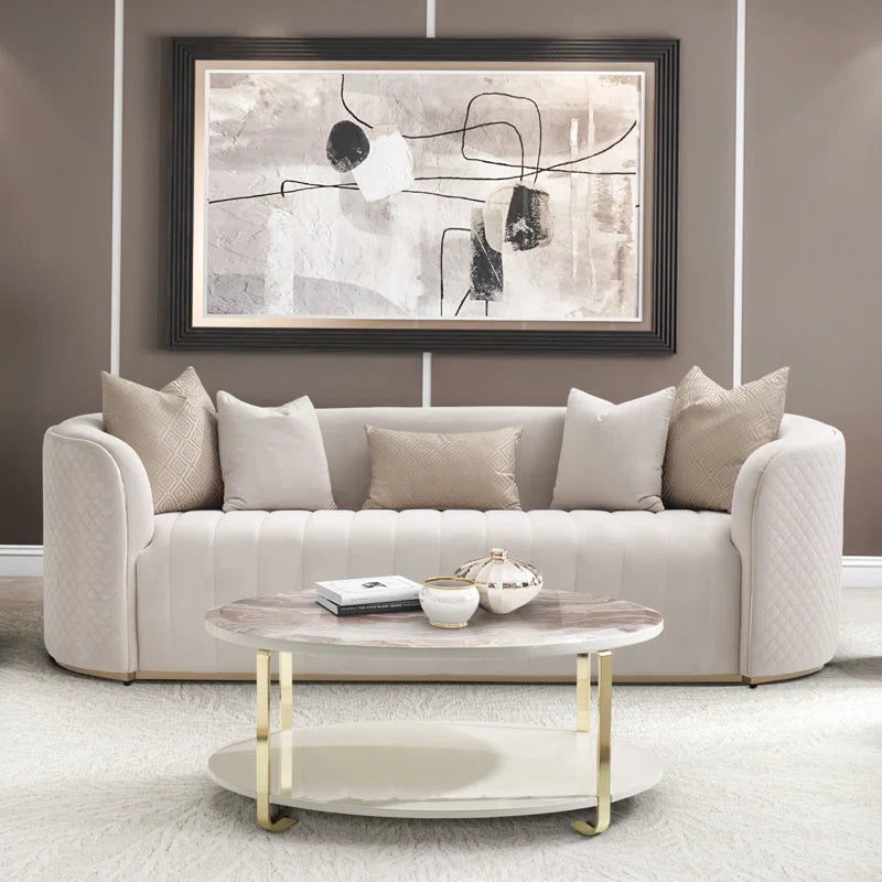 Luxury Sofa Sets: 2-Piece Beige Velvet Sofa with Gold Accents & Faux-Marble Coffee Table