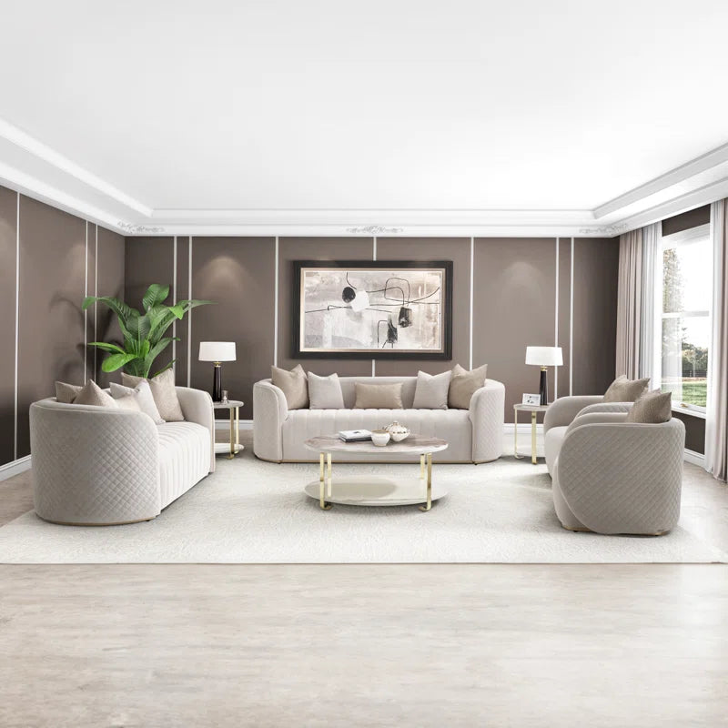 Luxury Sofa Sets: 2-Piece Beige Velvet Sofa with Gold Accents & Faux-Marble Coffee Table