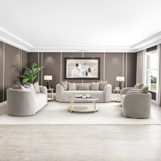 Luxury Sofa Sets: 2-Piece Beige Velvet Sofa with Gold Accents & Faux-Marble Coffee Table