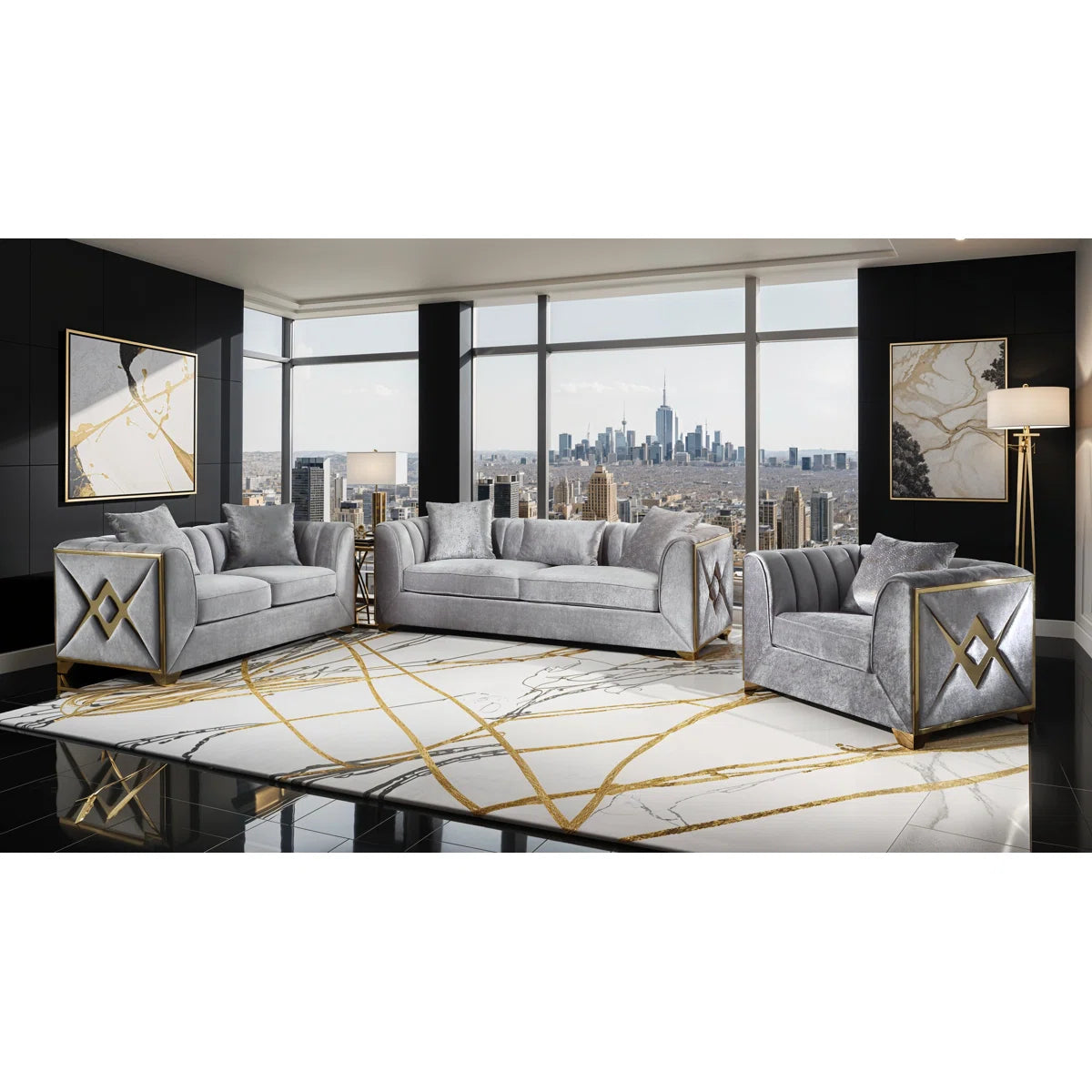 7 Seater Sofa Set: 3-Piece Velvet Living Room Furniture