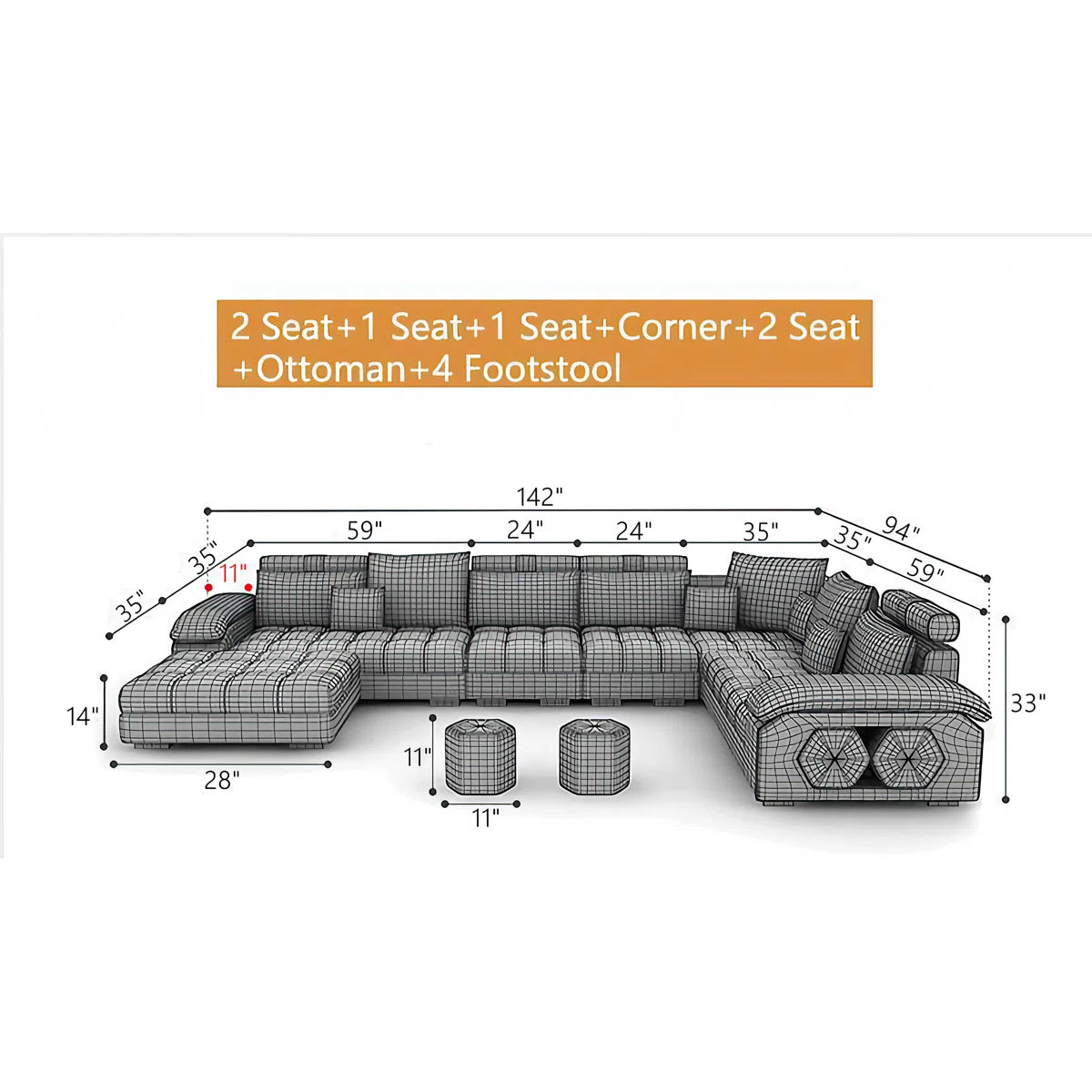 7 Seater Sofa Set: 5-Piece L- Shape Comfortable Sectional Sofa Set