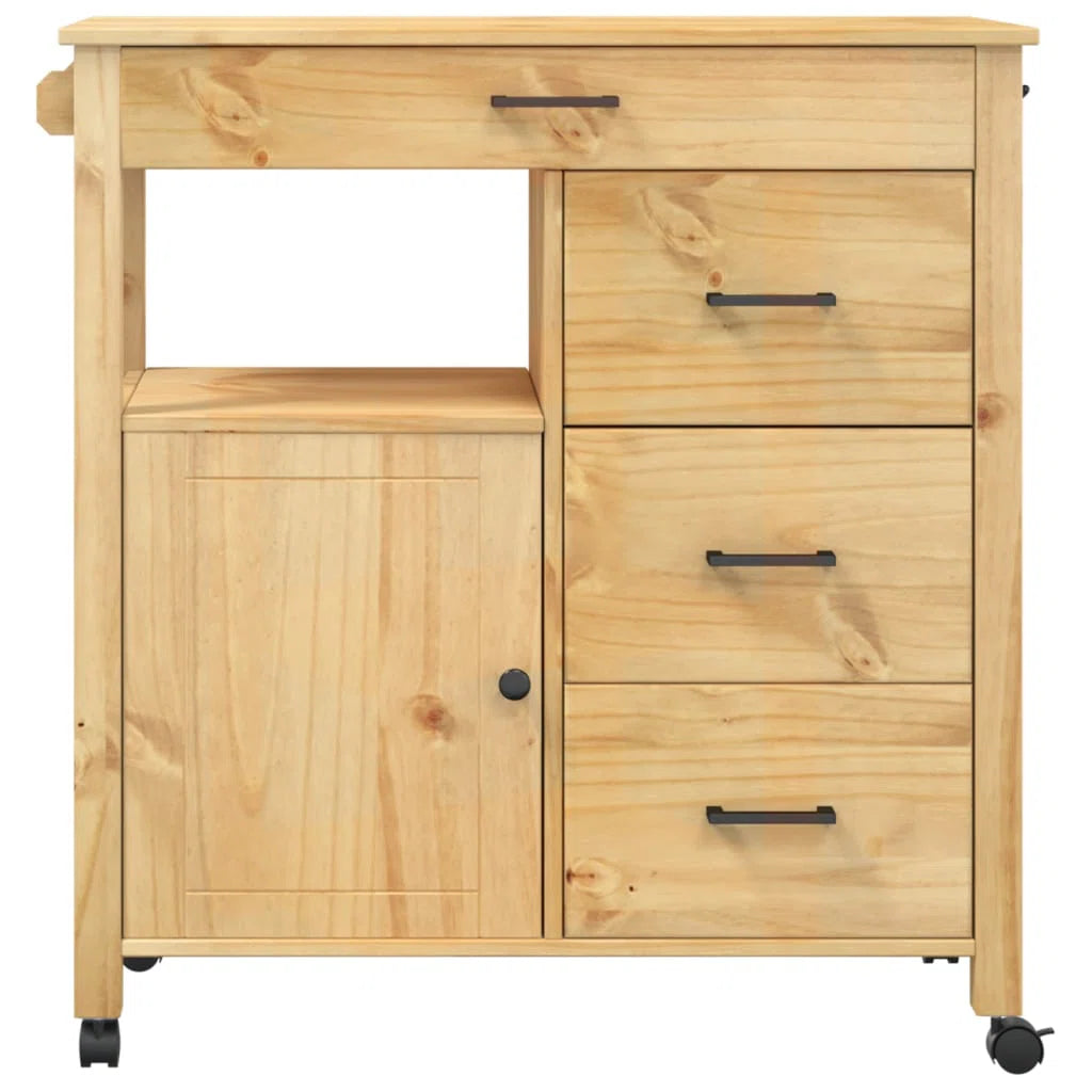 Kitchen Island Table: Vintage Pine Wood Kitchen Trolley with 4 Drawers & Door, Wheeled Storage Cart