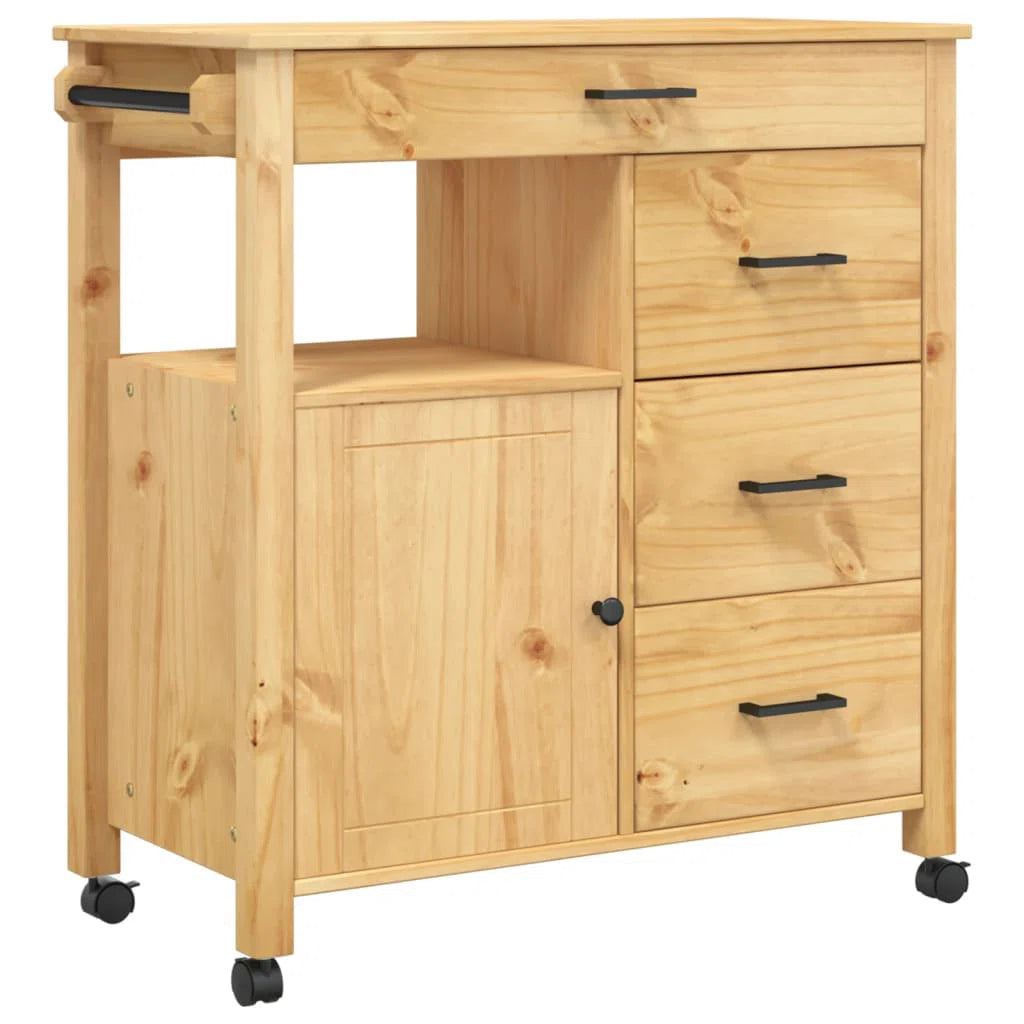 Kitchen Island Table: Vintage Pine Wood Kitchen Trolley with 4 Drawers & Door, Wheeled Storage Cart