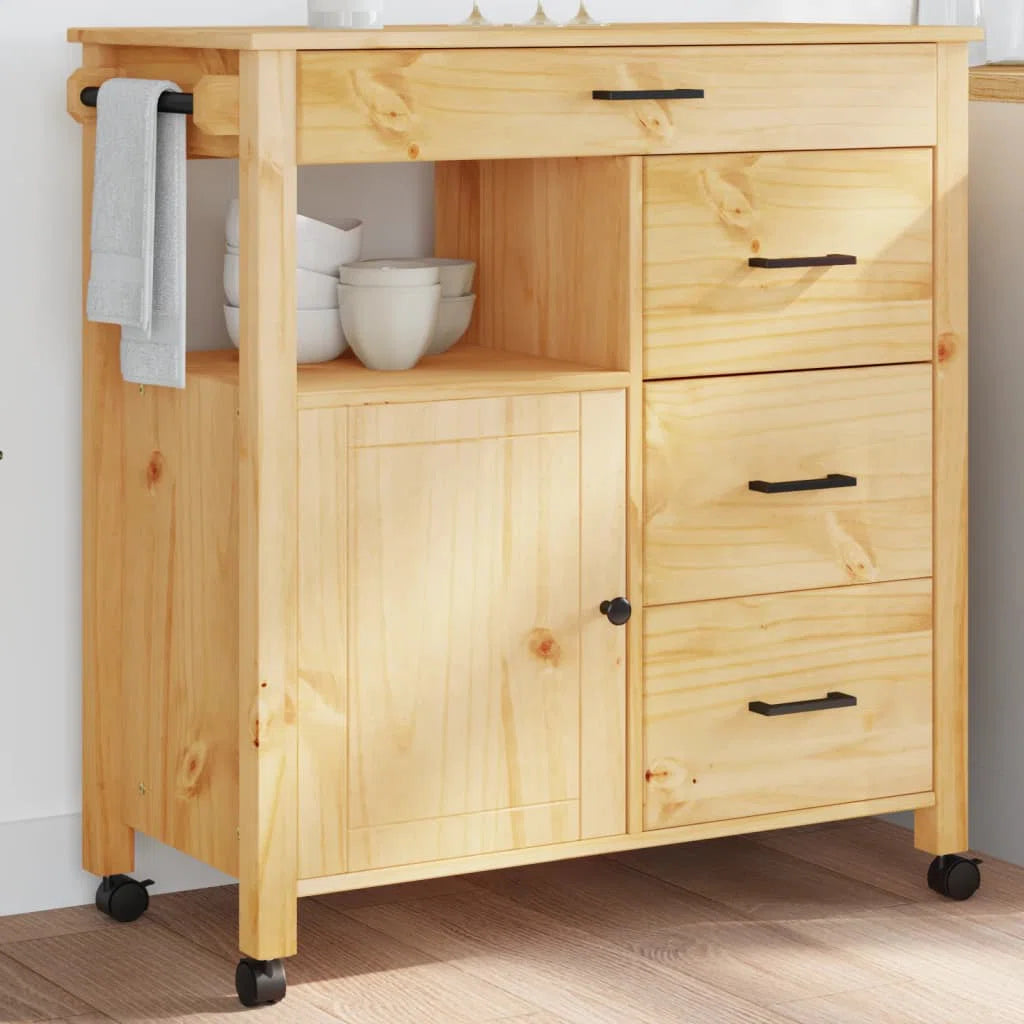 Kitchen Island Table: Vintage Pine Wood Kitchen Trolley with 4 Drawers & Door, Wheeled Storage Cart