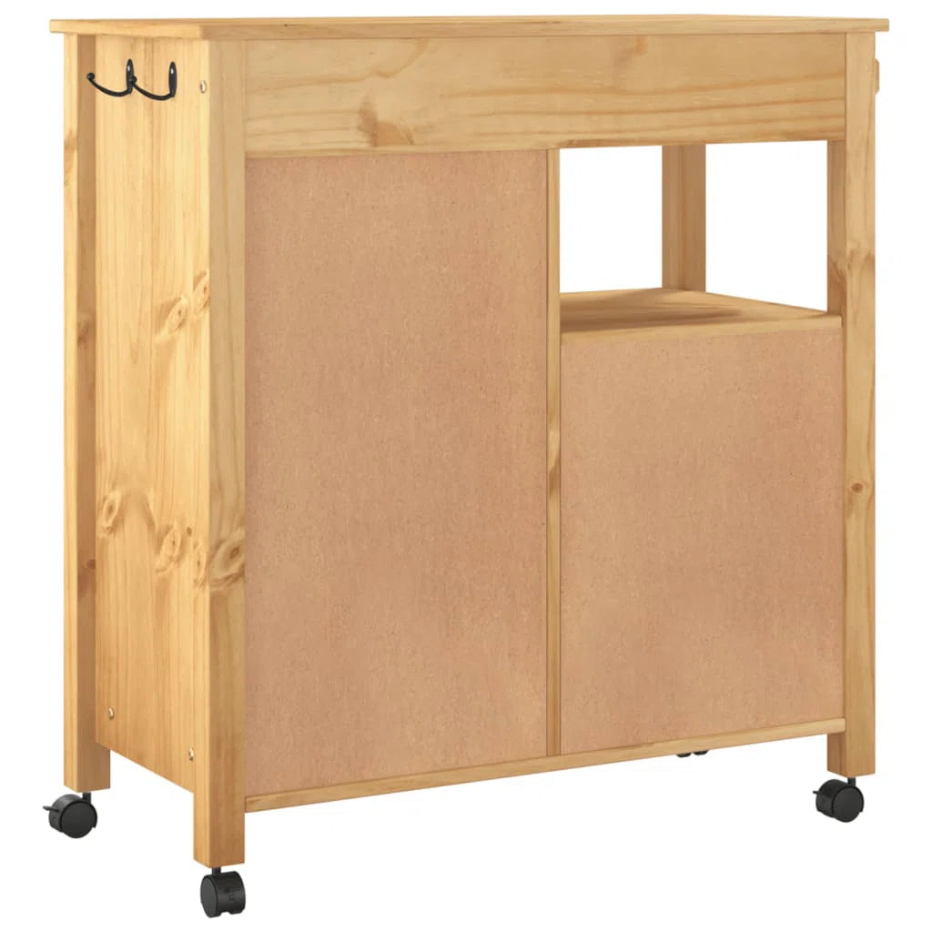 Kitchen Island Table: Vintage Pine Wood Kitchen Trolley with 4 Drawers & Door, Wheeled Storage Cart