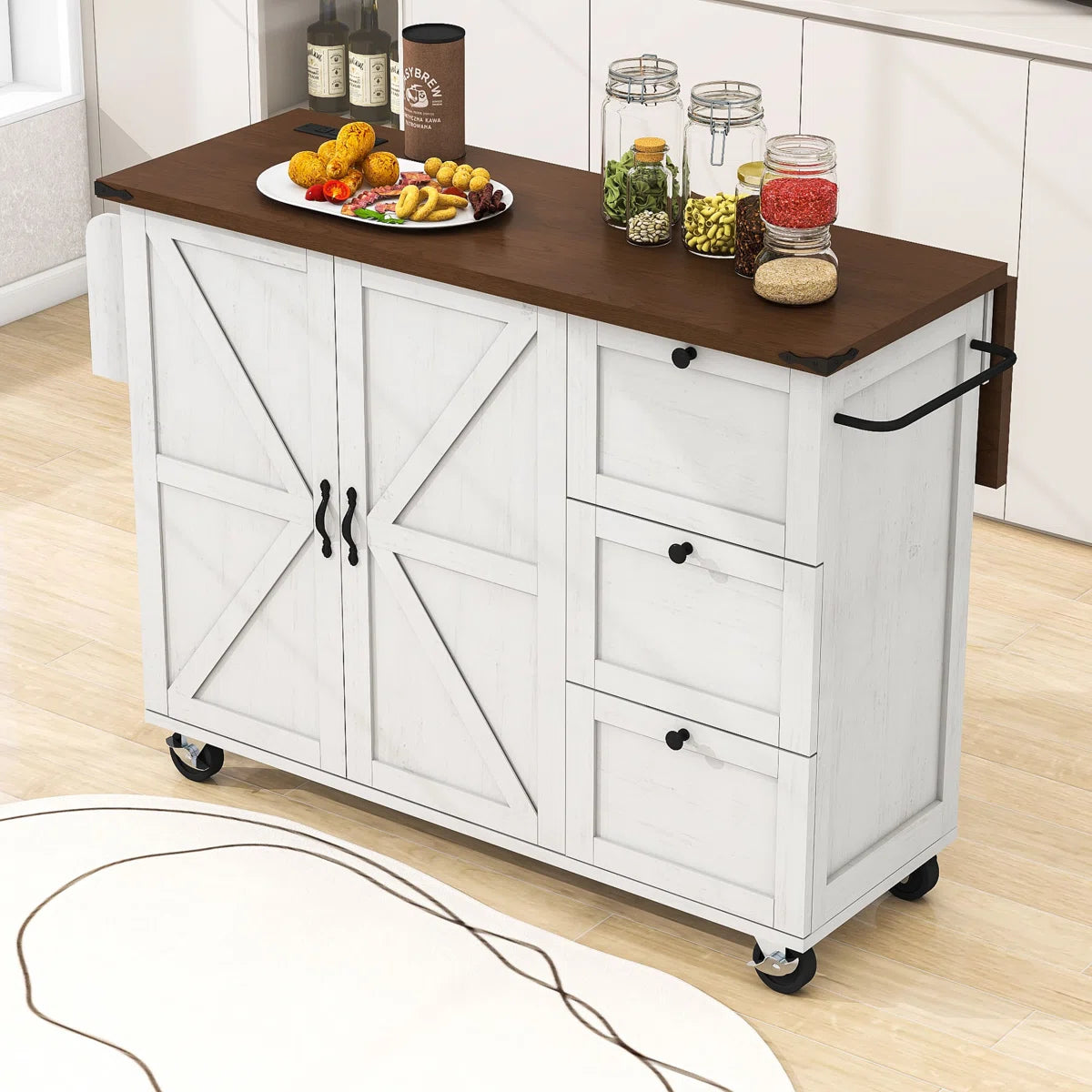 Kitchen Island Table with Drop Leaf, Charging Station & Ample Storage – White Finish
