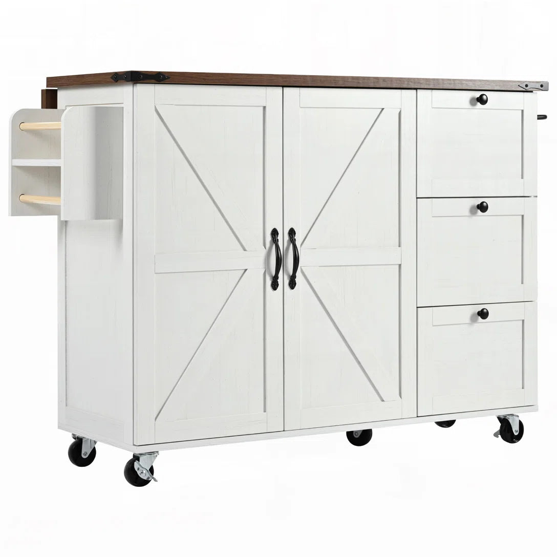 Kitchen Island Table with Drop Leaf, Charging Station & Ample Storage – White Finish