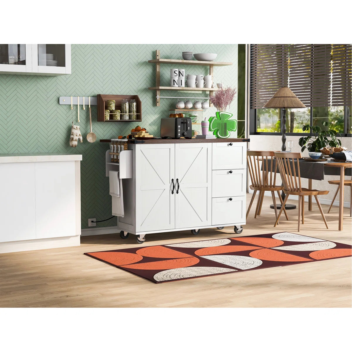 Kitchen Island Table with Drop Leaf, Charging Station & Ample Storage – White Finish