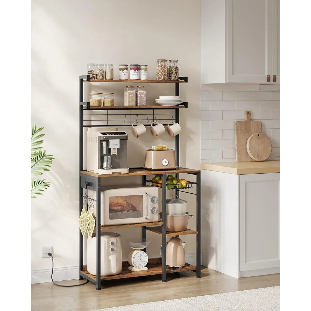 Kitchen Rack: Baker's Rack with Power Outlet, Microwave Stand, 4 AC Outlets, with 8 S-Hooks, and Adjustable Shelves