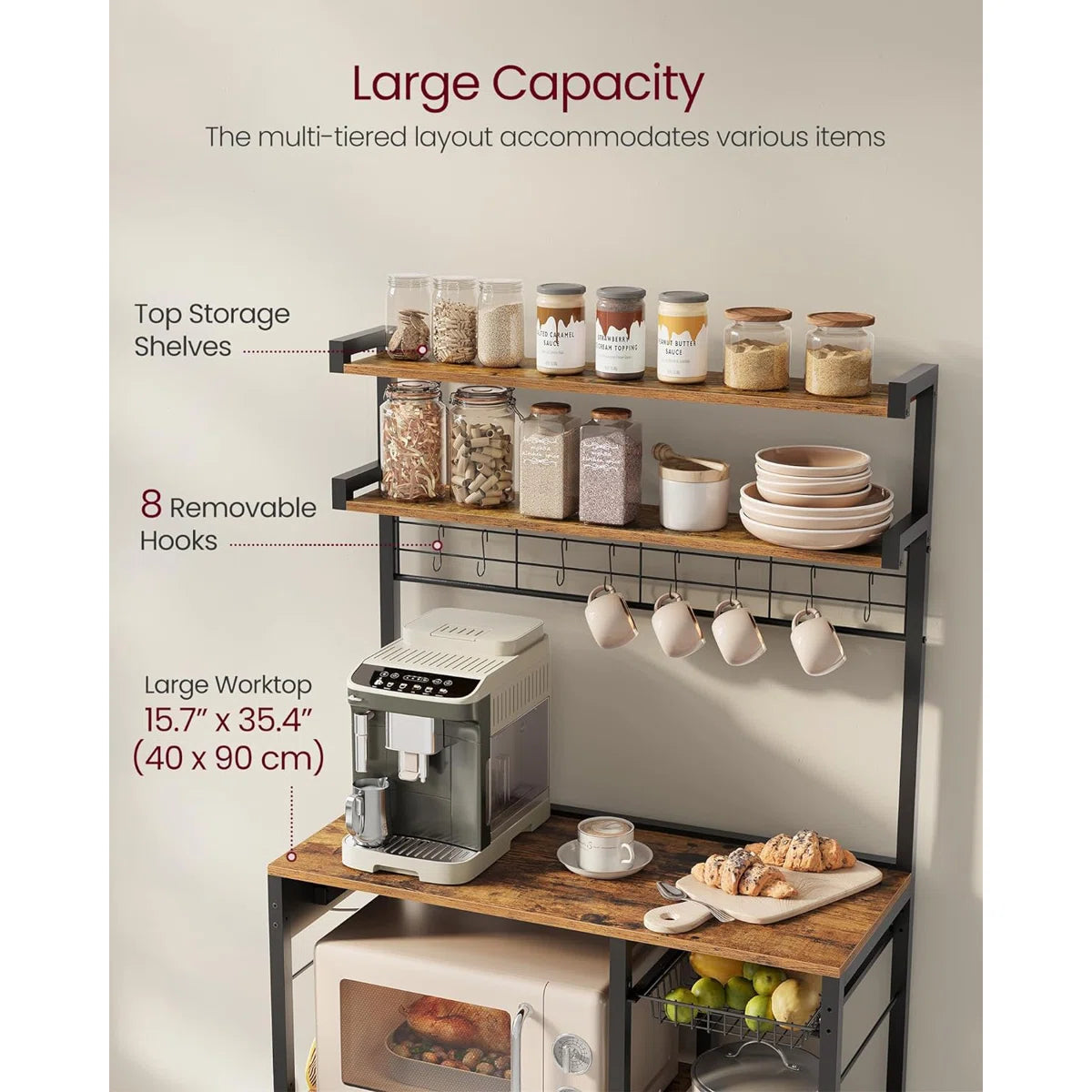 Kitchen Rack: Baker's Rack with Power Outlet, Microwave Stand, 4 AC Outlets, with 8 S-Hooks, and Adjustable Shelves