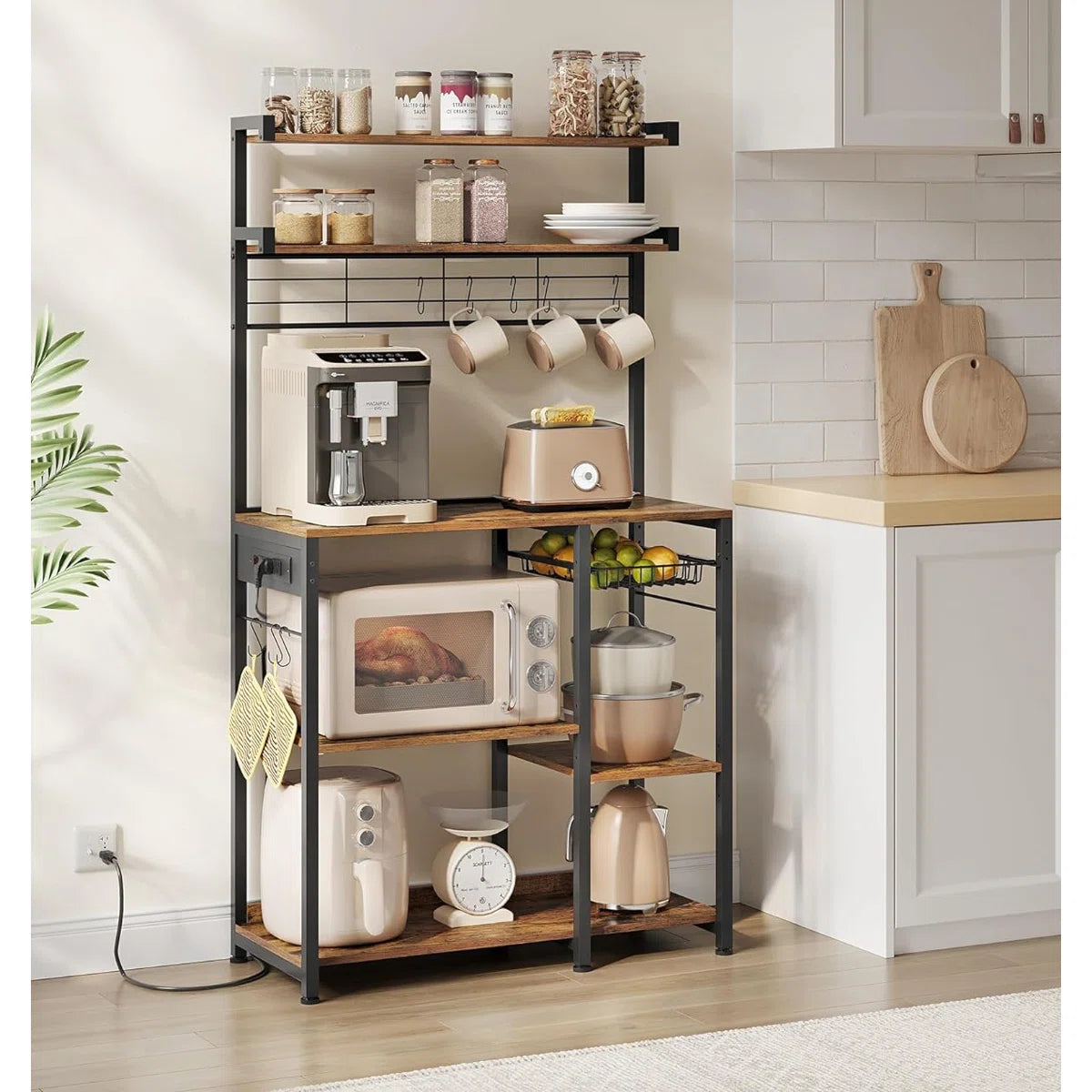 Kitchen Rack: Baker's Rack with Power Outlet, Microwave Stand, 4 AC Outlets, with 8 S-Hooks, and Adjustable Shelves