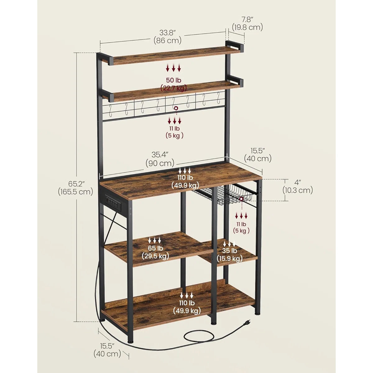 Kitchen Rack: Baker's Rack with Power Outlet, Microwave Stand, 4 AC Outlets, with 8 S-Hooks, and Adjustable Shelves