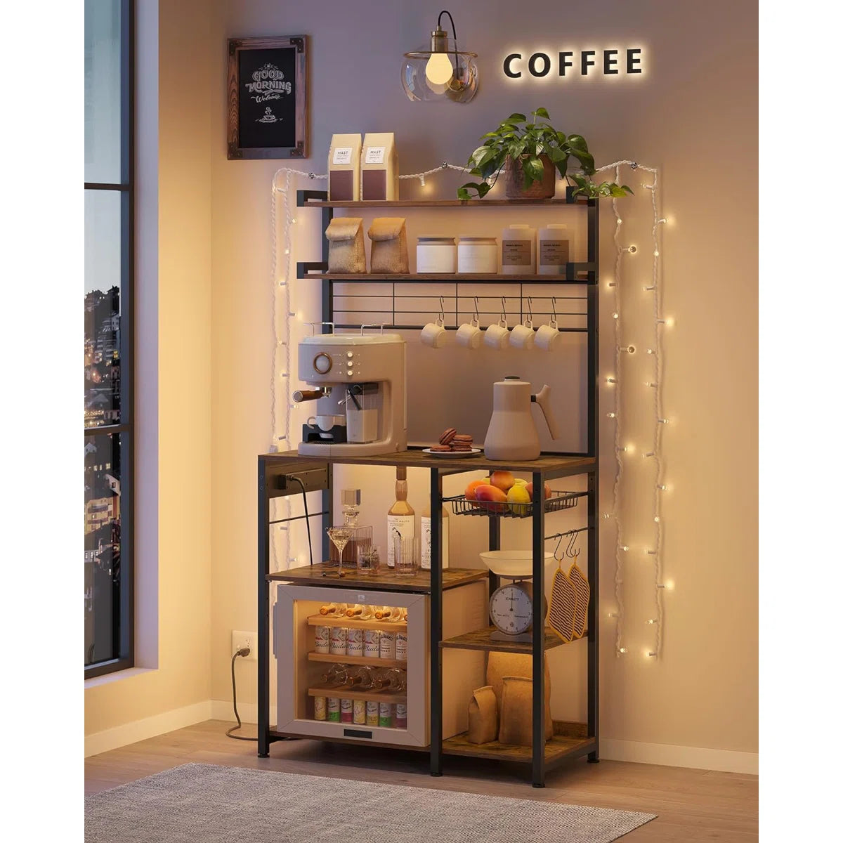 Kitchen Rack: Baker's Rack with Power Outlet, Microwave Stand, 4 AC Outlets, with 8 S-Hooks, and Adjustable Shelves