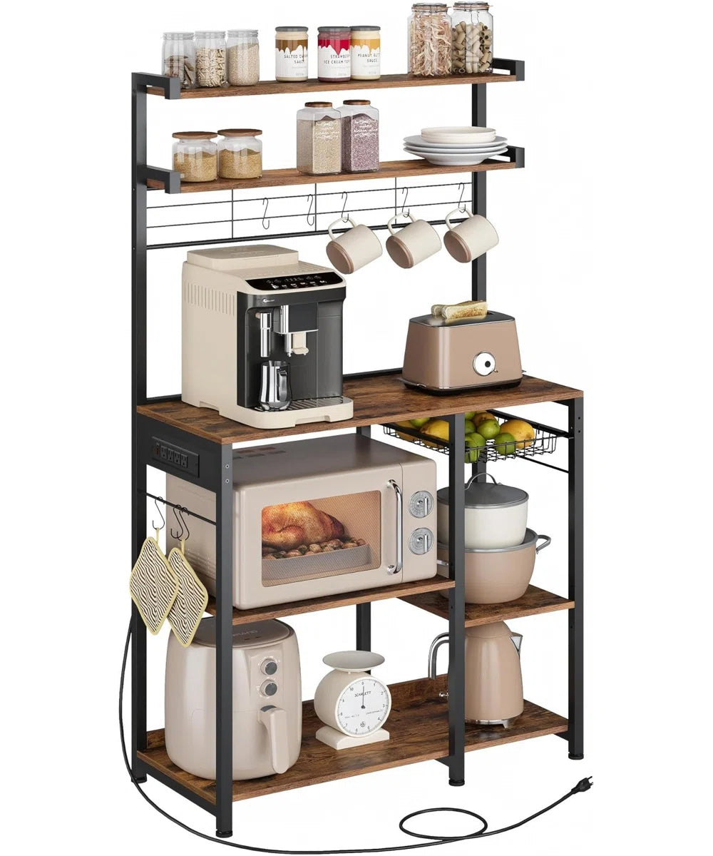 Kitchen Rack: Baker's Rack with Power Outlet, Microwave Stand, 4 AC Outlets, with 8 S-Hooks, and Adjustable Shelves