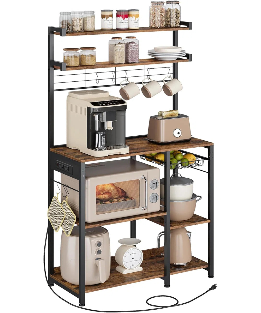 Kitchen Rack: Baker's Rack with Power Outlet, Microwave Stand, 4 AC Outlets, with 8 S-Hooks, and Adjustable Shelves