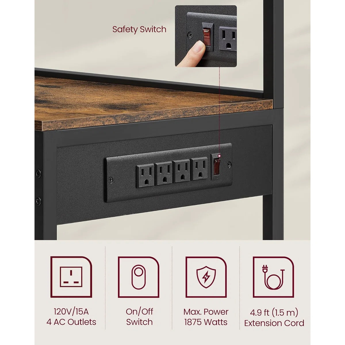 Kitchen Rack: Baker's Rack with Power Outlet, Microwave Stand, 4 AC Outlets, with 8 S-Hooks, and Adjustable Shelves