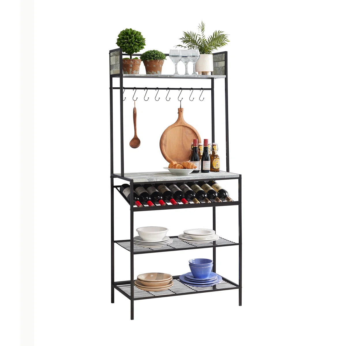 Kitchen Racks: 15" Kitchen Baker's Rack with Hooks and Shelves for Storage, Microwave Stand Coffee Bar Station with Wine Rack Holder