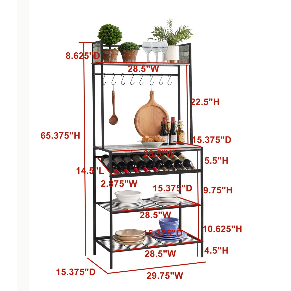 Kitchen Racks: 15" Kitchen Baker's Rack with Hooks and Shelves for Storage, Microwave Stand Coffee Bar Station with Wine Rack Holder