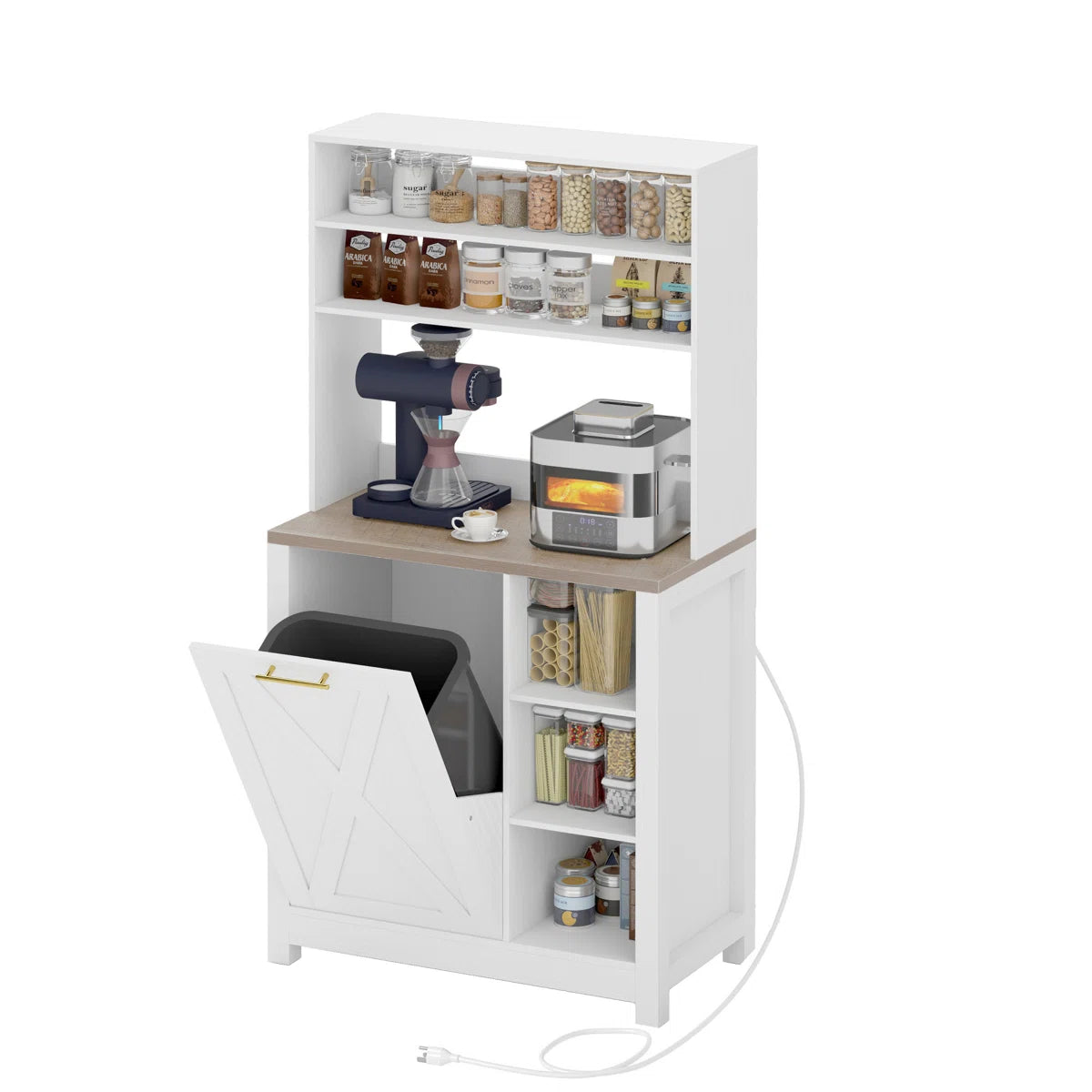 Kitchen Racks: Trash Can Bin Cabinet and Charging Station on a Baker's Rack