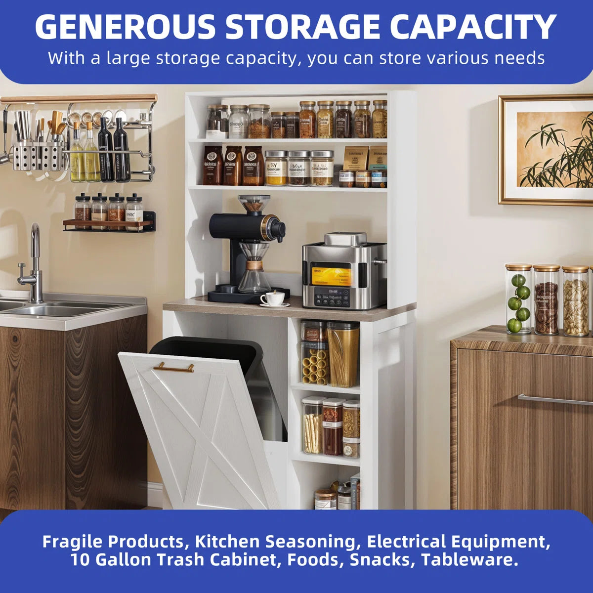 Kitchen Racks: Trash Can Bin Cabinet and Charging Station on a Baker's Rack