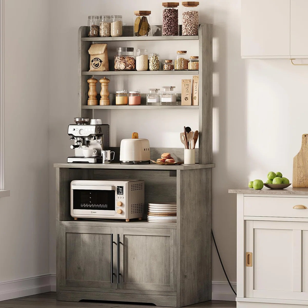 Kitchen Rack: Bakers Rack Cabinet with Power Outlet, Bakers Rack with Thickened Counter, and Microwave Stand