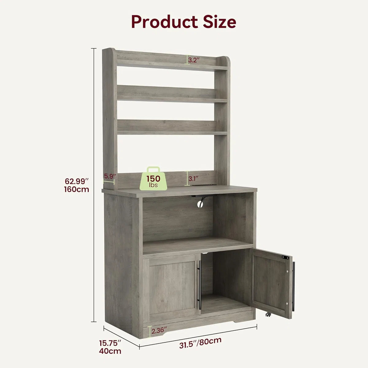 Kitchen Rack: Bakers Rack Cabinet with Power Outlet, Bakers Rack with Thickened Counter, and Microwave Stand