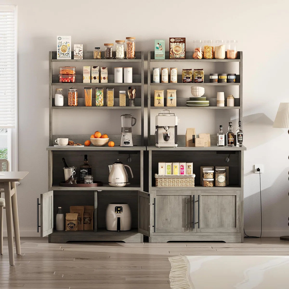 Kitchen Rack: Bakers Rack Cabinet with Power Outlet, Bakers Rack with Thickened Counter, and Microwave Stand
