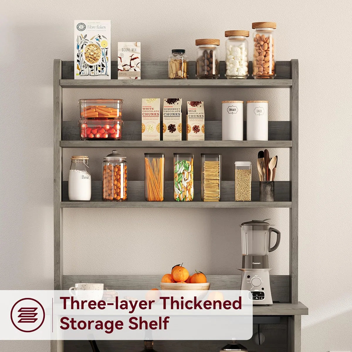 Kitchen Rack: Bakers Rack Cabinet with Power Outlet, Bakers Rack with Thickened Counter, and Microwave Stand