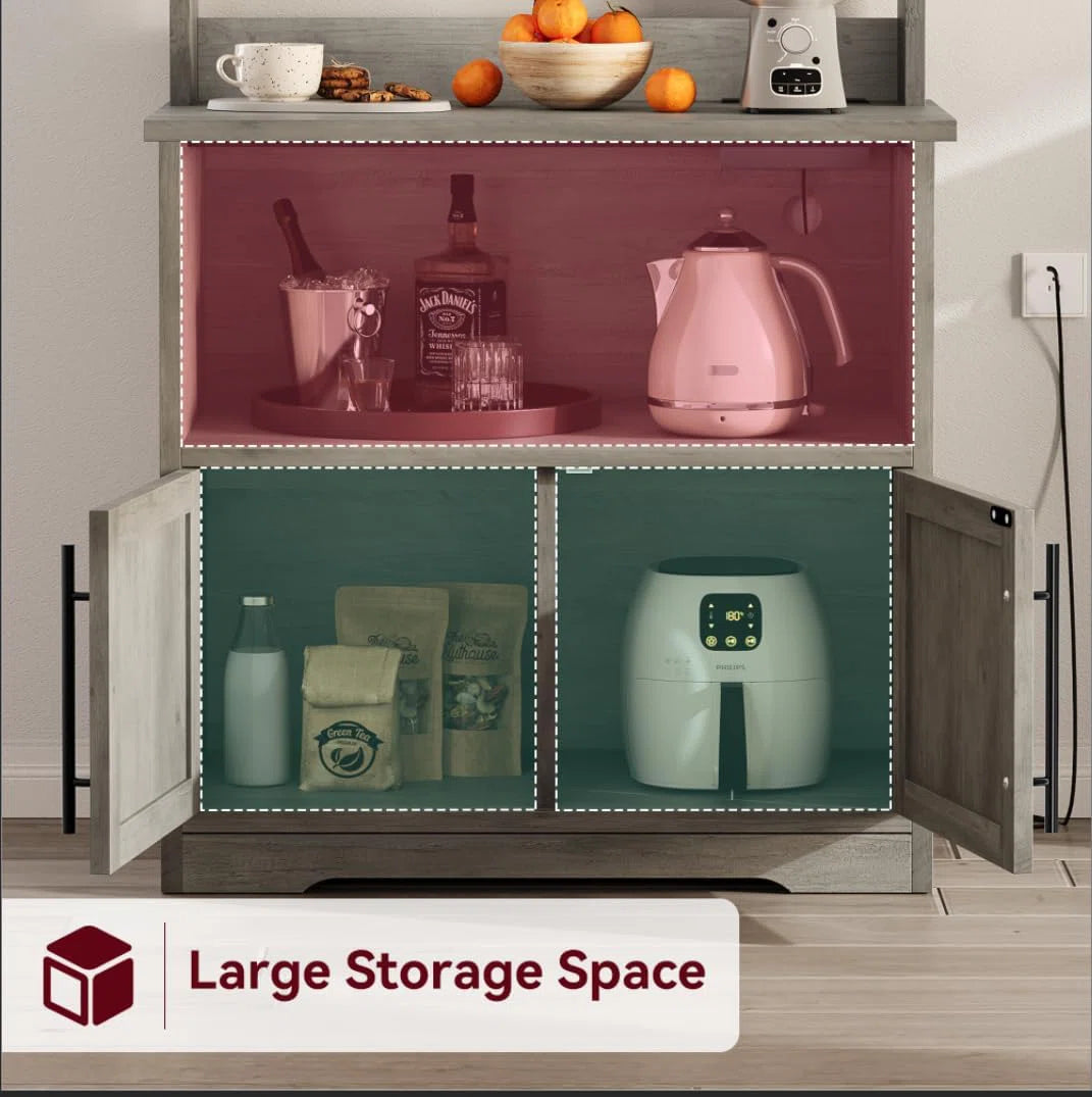 Kitchen Rack: Bakers Rack Cabinet with Power Outlet, Bakers Rack with Thickened Counter, and Microwave Stand