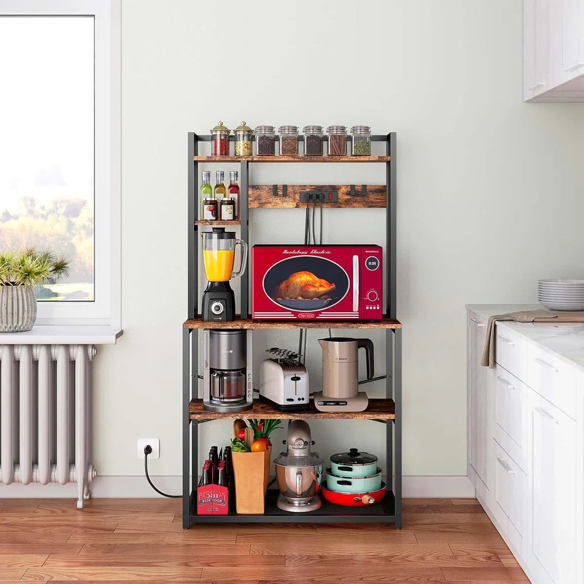 Kitchen Racks: Kitchen storage rack with 5 tiers, power outlets, microwave compatibility, and durable frame