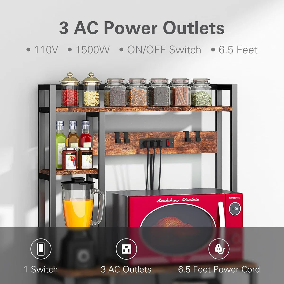 Kitchen Racks: Kitchen storage rack with 5 tiers, power outlets, microwave compatibility, and durable frame