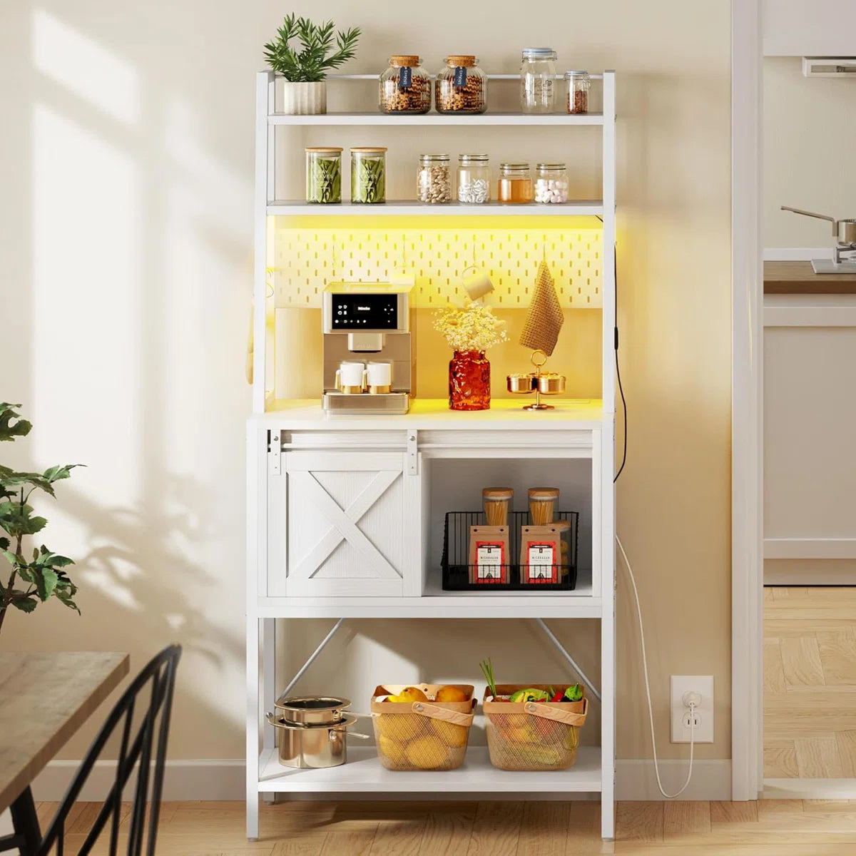 Kitchen Racks: Functional kitchen rack with power outlet, LED lights, sliding barn door, adjustable shelving