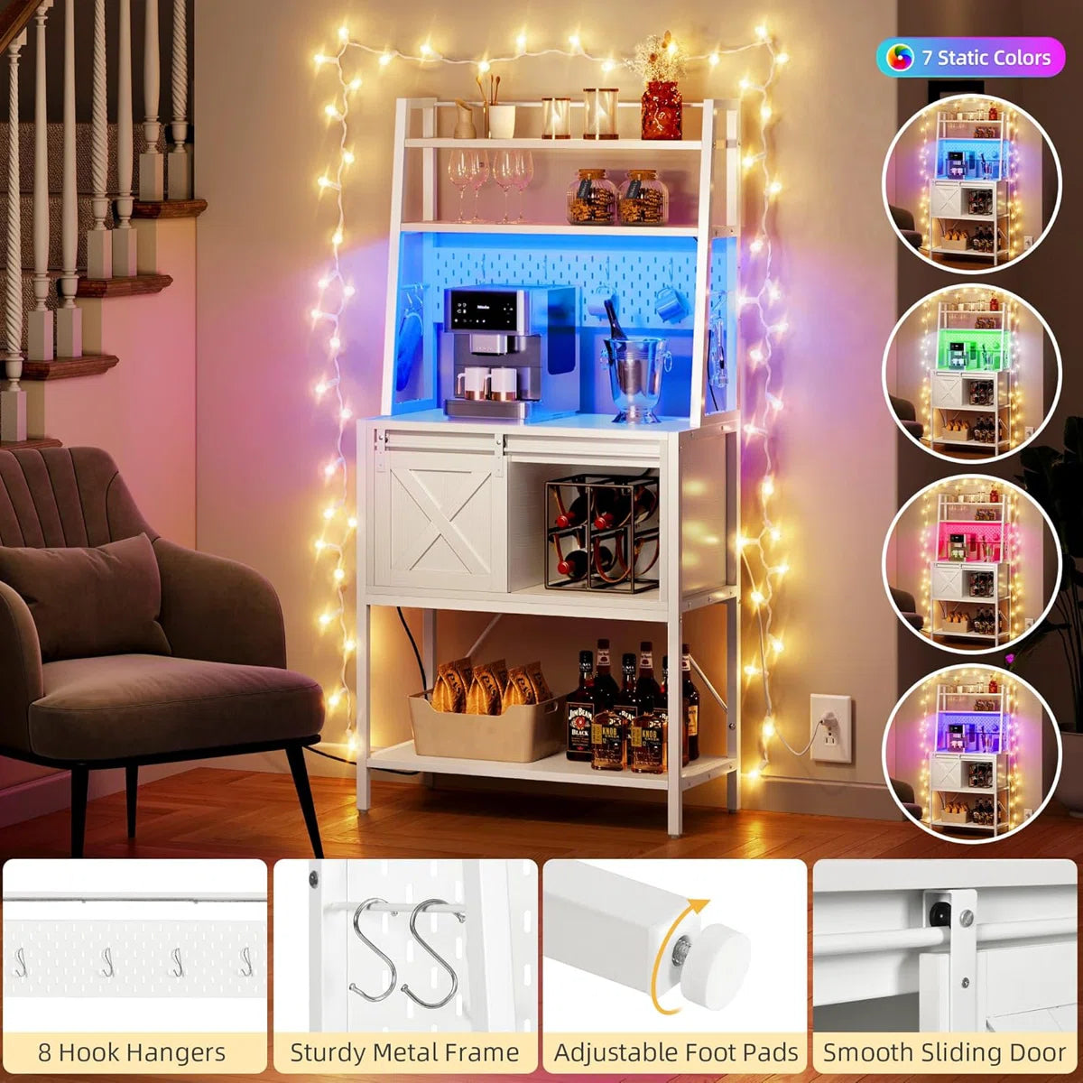 Kitchen Racks: Functional kitchen rack with power outlet, LED lights, sliding barn door, adjustable shelving